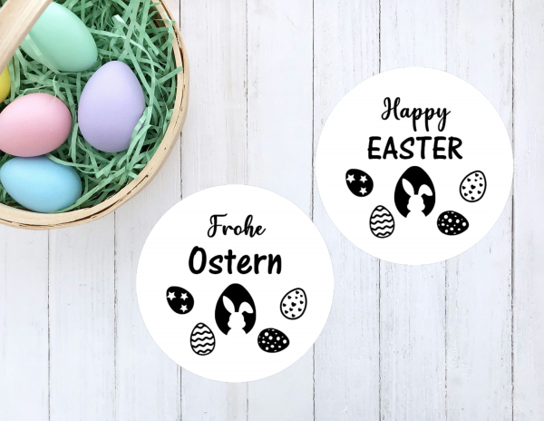 Sticker Aufkleber Frohe OSTERN, Osterhase Ostereier, schwarz weiß 5 cm